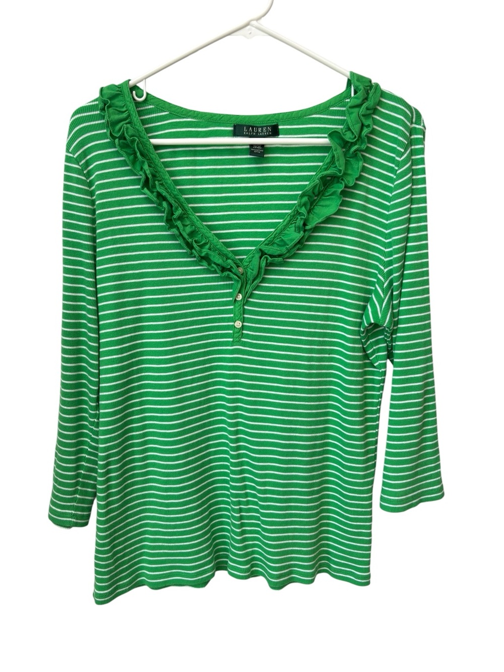 Ralph Lauren Striped Ruffle Top Women’s XL Green White Ribbed Preppy Cotton